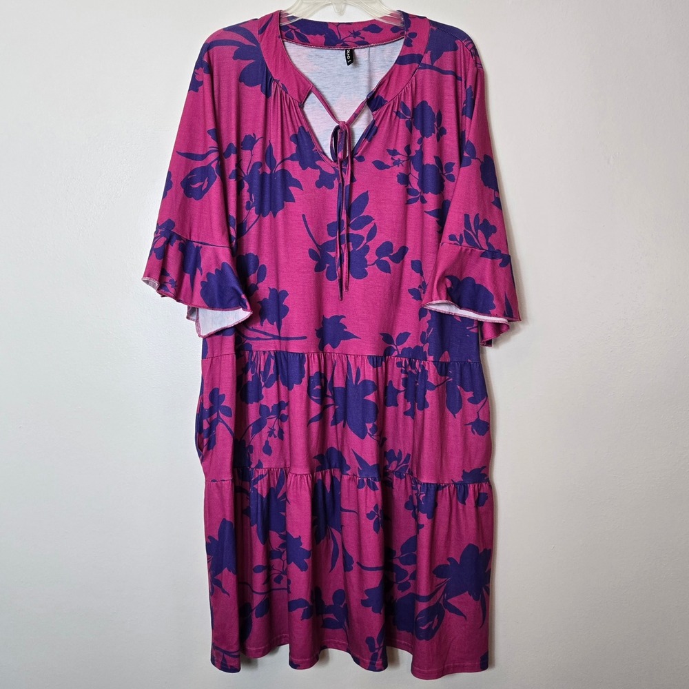 XXL Magenta‎ Purple Floral Tiered POCKETS Ruffle Sleeve Babydoll Tunic Dress
